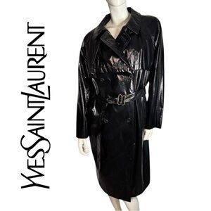 Yves Saint Laurent Glossy Black Trench Coat with Belt